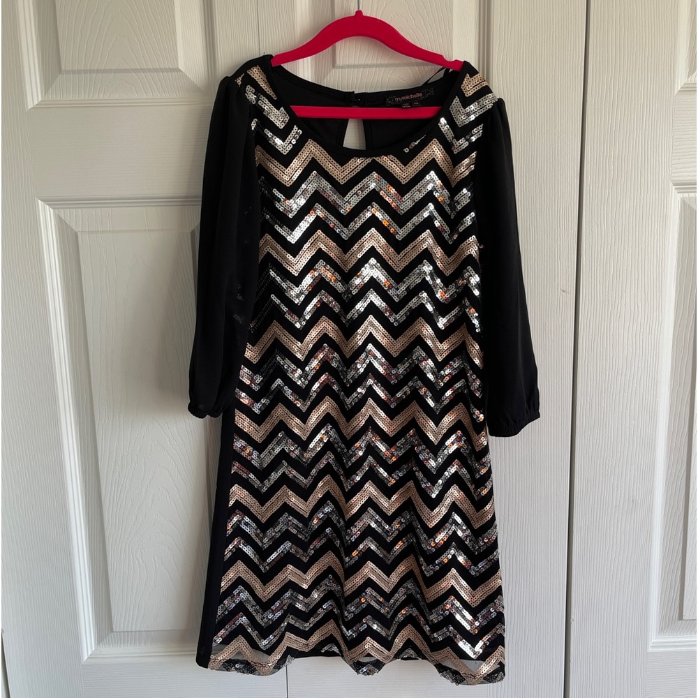 myMichelle girls black silver gold sequins size 10 dress 3/4 sleeve